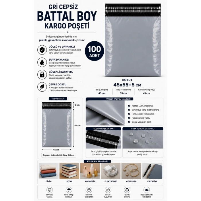 Gri Cepsiz Battal Boy Kargo Poşeti 45x55+5 Cm 100 Adet