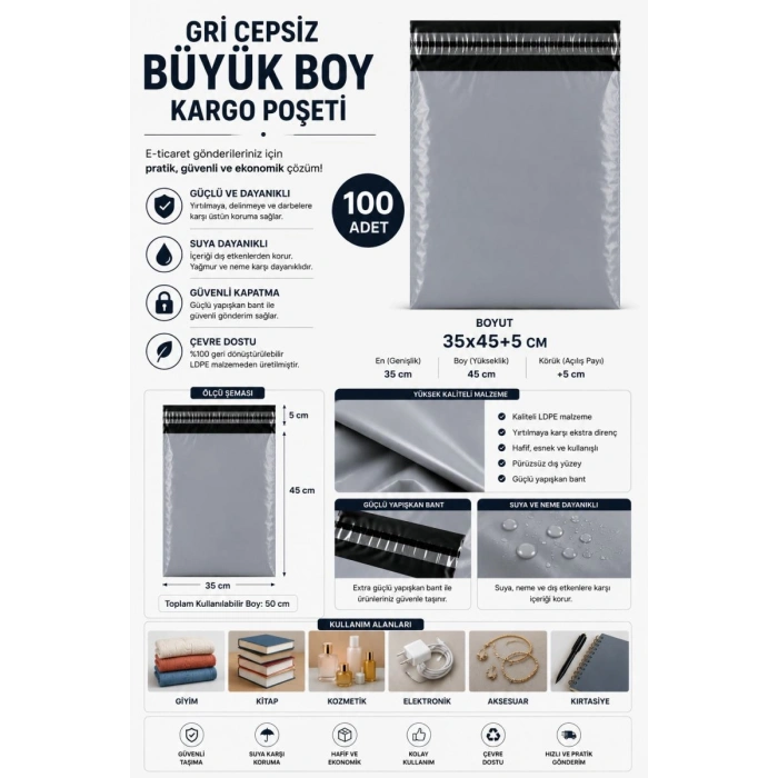 Gri Cepsiz Büyük Boy Kargo Poşeti 35x45+5 Cm 100 Adet