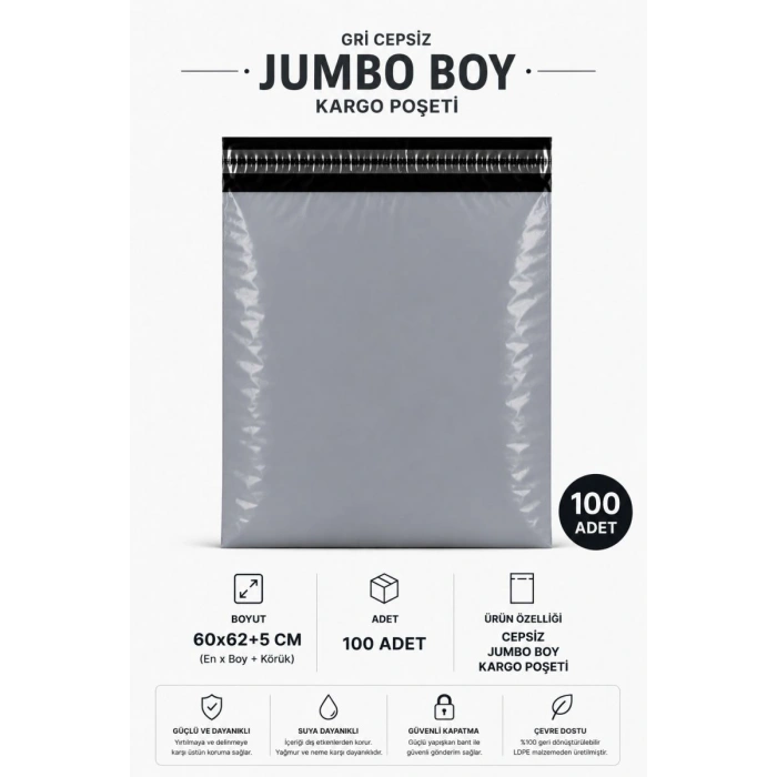 Gri Cepsiz Jumbo Boy Kargo Poşeti 60x62+5 Cm 100 Adet