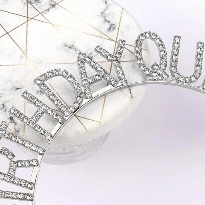 Gümüş Renk Kristal Taşlı Parlak Birthday Queen Yazılı Kraliçe Taç 16x17 Cm