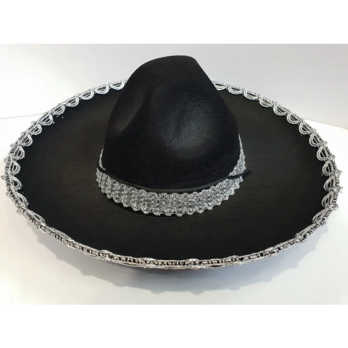 Gümüş Renk Şeritli Meksika Mariachi Latin Şapkası 55 Cm Çocuk