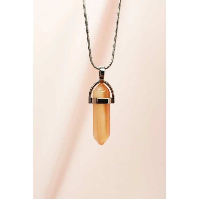 Güneş Taşı Doğal Taşı Zincirli El Yapımı Tasarımlı Kolye Uç: 3,5 cm Zincir: 20 cm Kutulu