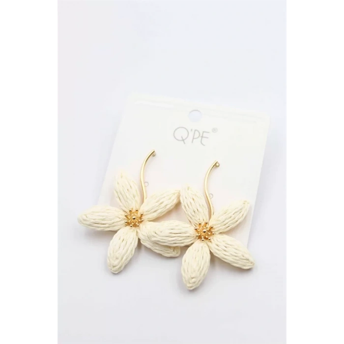 Hasır Çiçek Küpe - Krem