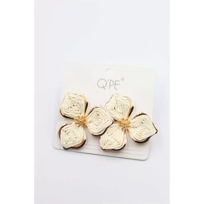 Hasır Çiçek Küpe - Krem