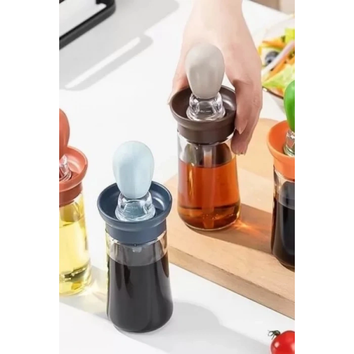 Hazneli Silikon Uçlu Cam Yağdanlık Sirke Yağ Yumurta Ve Sos Fırçası Asorti