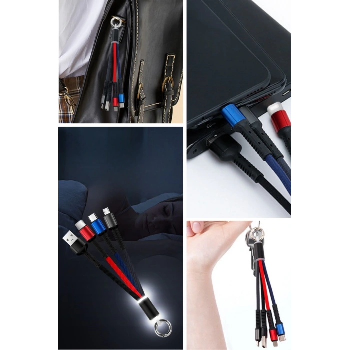 Işıklı Anahtarlık Model 3 in 1 USB Çıkışlı MİKRO,TYPE-C ve İphone Uyumlu Şarj Kablosu