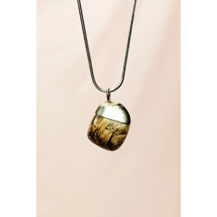 Jasper Doğal Taşı Zincirli El Yapımı Kolye Uç: 2 cm Zincir: 20 cm Kutulu