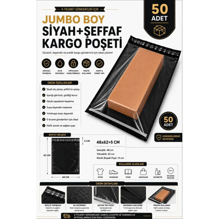 Jumbo Boy Siyah Şeffaf Kargo Poşeti 48x62+5 Cm 50 Adet