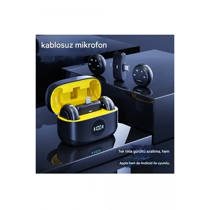 Kablosuz Profesyonel İkili Yayın Yaka Mikrofonu Şarj Kutu Mıknatıslı Typce Lightning Çıkış Mikrofon