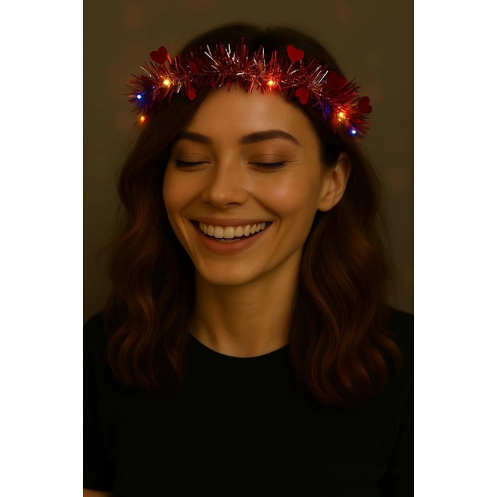 Kalp Püsküllü Gece Parıltısı 3 Modlu Led39li Işıklı Taç Kırmızı Renk