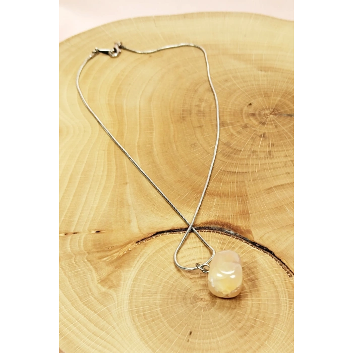 Kalsit Doğal Taşı Zincirli El Yapımı Kolye Uç: 1,5 cm Zincir: 20 cm Kutulu