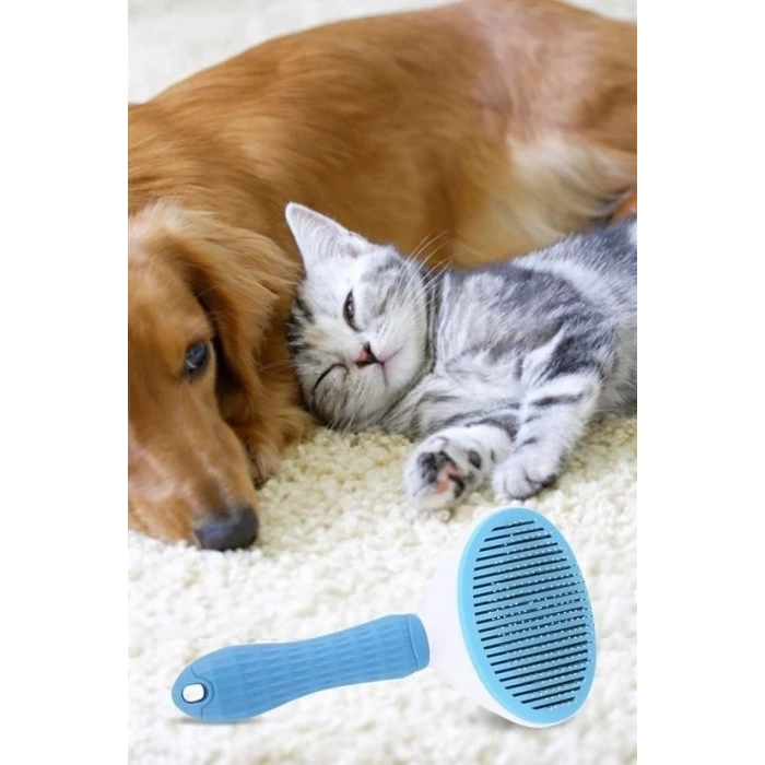 Kedi Köpek Tüy Toplayıcı Kendini Temizleyebilen Ergonomik Saplı Evcil Hayvan Tarağı Mavi