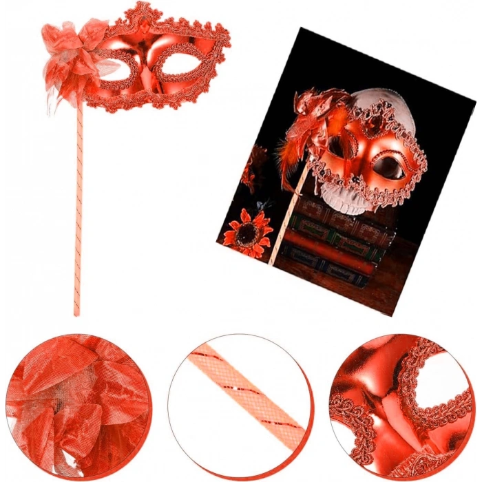 Kırmızı Işıltılı Tutmalı Fotoğraf Çekimi Maskesi 18x29 Cm