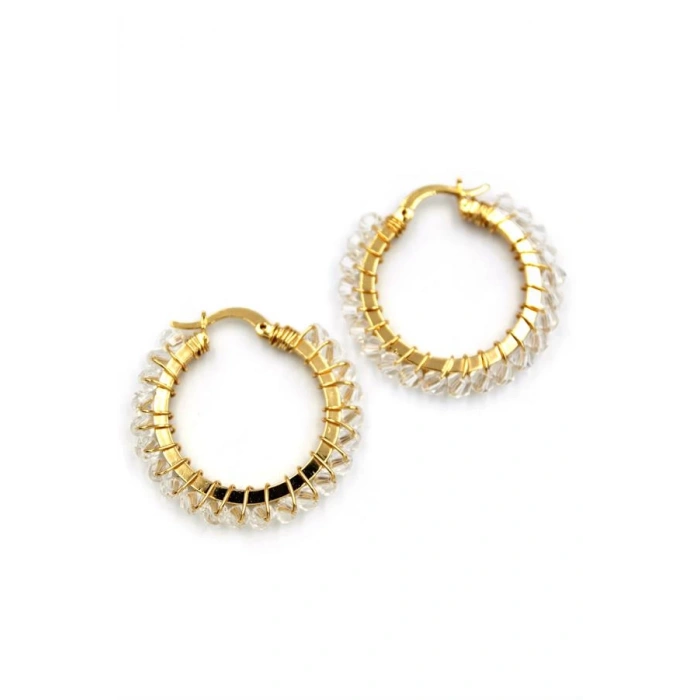 Kristal Boncuk Halka Küpe - Beyaz