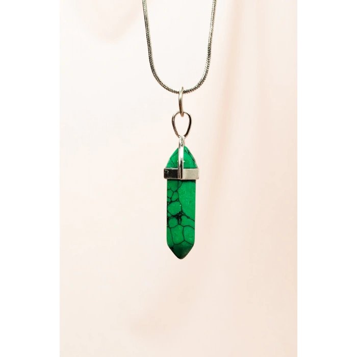 Krizopraz Doğal Taşı Zincirli El Yapımı Tasarımlı Kolye Uç: 3,5 cm Zincir: 20 cm Kutulu