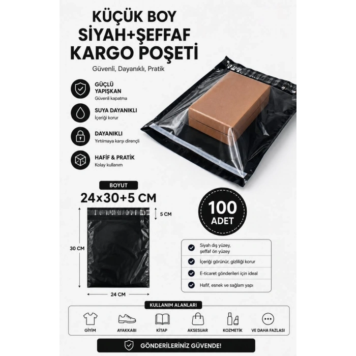 Küçük Boy Siyah Şeffaf Kargo Poşeti 24x30+5 Cm 100 Adet