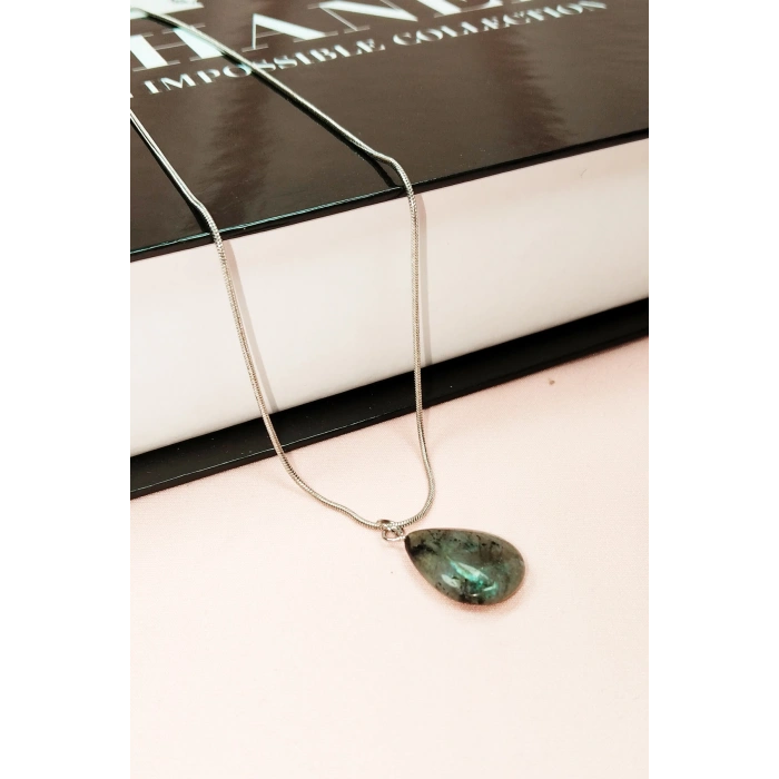 Labradorit Doğal Taşı Zincirli El Yapımı Kolye Uç: 2 cm Zincir: 20 cm Kutulu