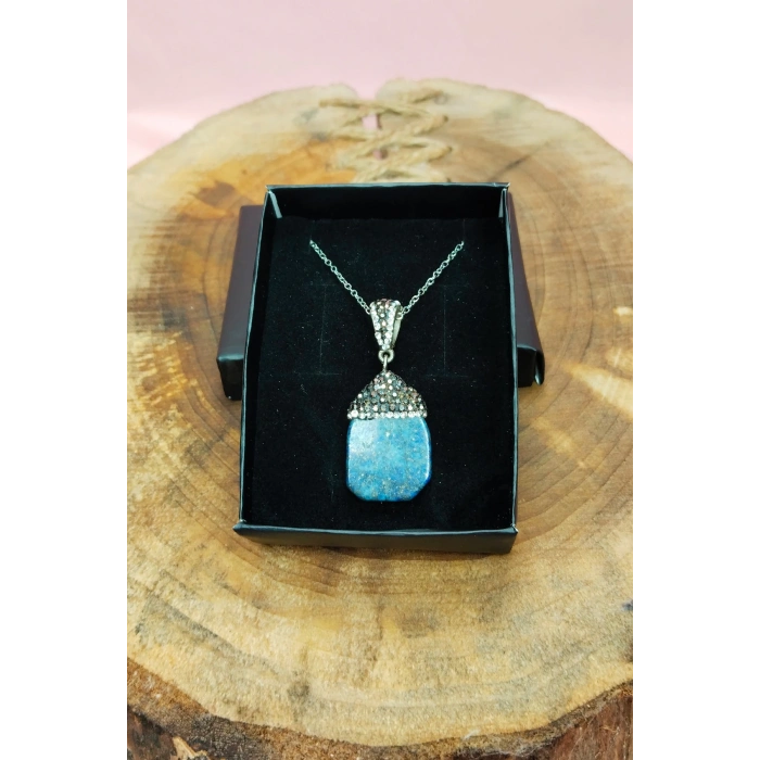 Lapis Doğal Taşı Zincirli El Yapımı Kolye Uç: 3 cm Zincir: 20 cm Kutulu