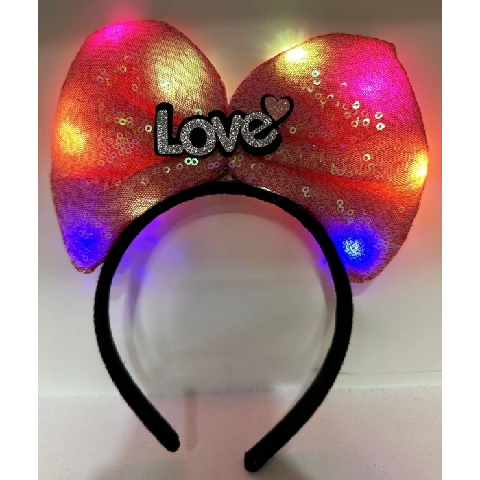 Led Işıklı 3 Farklı Fonksiyonda Yanan Gümüş Love Yazılı Fuşya Pembe Fiyonk Taç 20x17 Cm