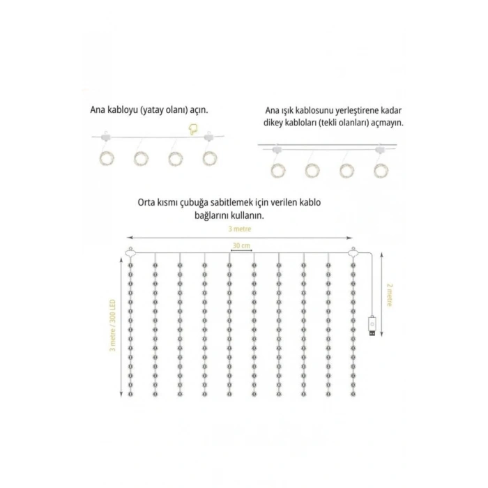 Lw-7 300 Ledli 10 Sarkıt Perde Led Işık, 8 Modlu Uzaktan Kumandalı, 3x3 Metre Peri Telli Led