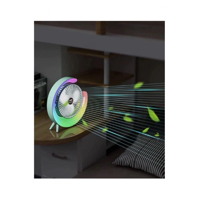Masaüstü Vantilatör Usb Şarjlı Rgb Led Işıklı 3 Kademeli 180° Ayarlanabilir Soğutucu Fan Mavi