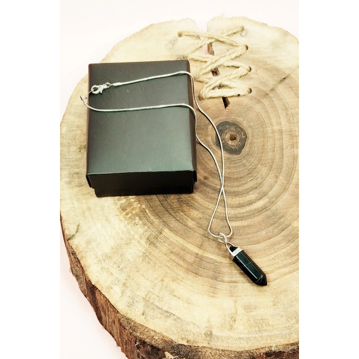 Mat Oniks Doğal Taşı Zincirli El Yapımı Tasarımlı Kolye Uç: 3,5 cm Zincir: 20 cm Kutulu