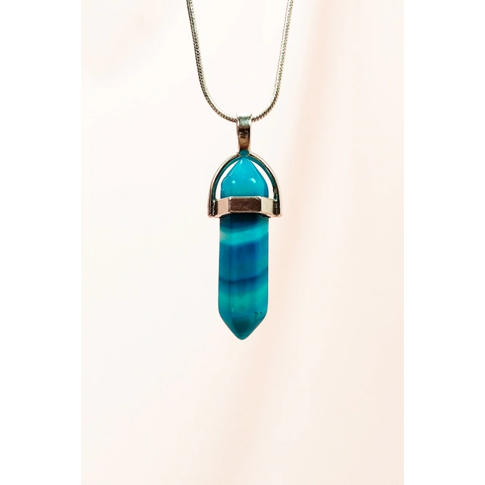 Mavi Akik Doğal Taşı Zincirli El Yapımı Tasarımlı Kolye Uç: 3,5 cm Zincir: 20 cm Kutulu