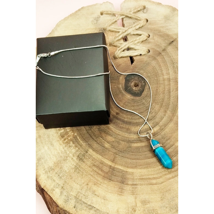 Mavi Akik Doğal Taşı Zincirli El Yapımı Tasarımlı Kolye Uç: 3,5 cm Zincir: 20 cm Kutulu
