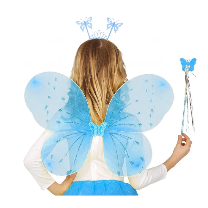 Mavi Kelebek Erkek-kız Seti – 50 Cm Kelebek Kanadı, Taç Ve Asa