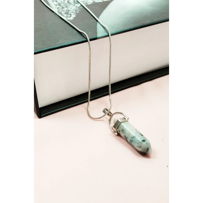 Mavi Kuvars Doğal Taşı Zincirli El Yapımı Tasarımlı Kolye Uç: 3,5 cm Zincir: 20 cm Kutulu