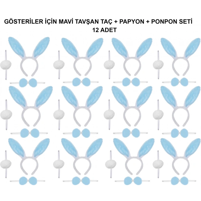 Mavi Tavşan Kostüm Seti – Taç, Papyon, Ponpon (12’li Paket)