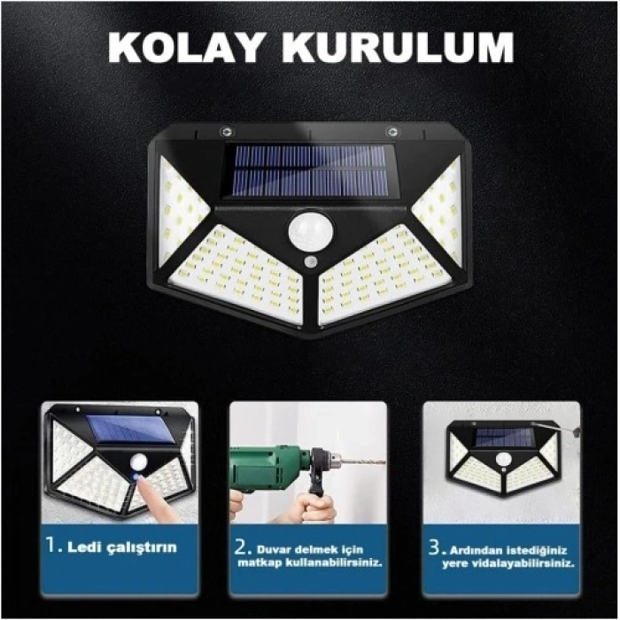 Mey İthalat® 100 Led Dış Mekan Solar Aydınlatma Fotoselli Solar Lamba
