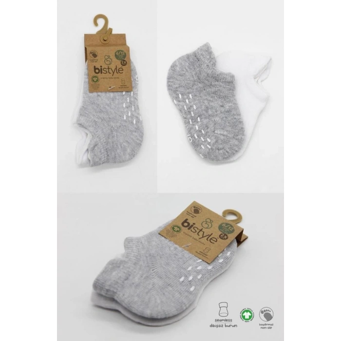 Mey İthalat®   2Li Sneakers Kaymaz Basic Penye Çorap 20103 Gri Beyaz