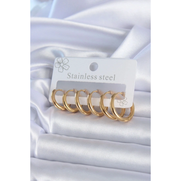 Mey İthalat® 316L Çelik Gold Renk Halka Model Kadın Küpe Seti