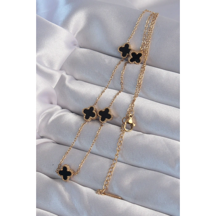 Mey İthalat® 316L Çelik Gold Renk Minimal Siyah Mineli Yonca Kolye