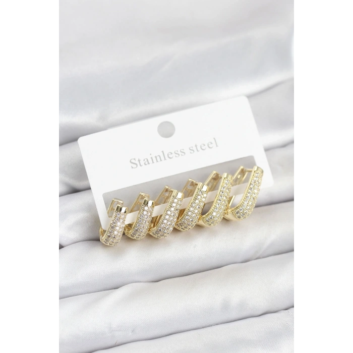 Mey İthalat® 316L Çelik Gold Renk Zirkon Taşlı Damla Halka Küpe Seti