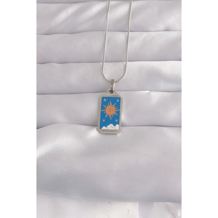 Mey İthalat® 316L Çelik Gümüş Renk Mavi Mineli Güneş Model Tarot Kolye