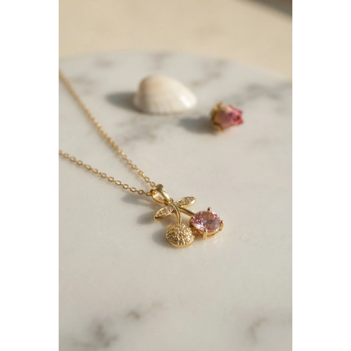 Mey İthalat® 316L Çelik Zincir Gold Renk Pembe Kiraz Model Kolye