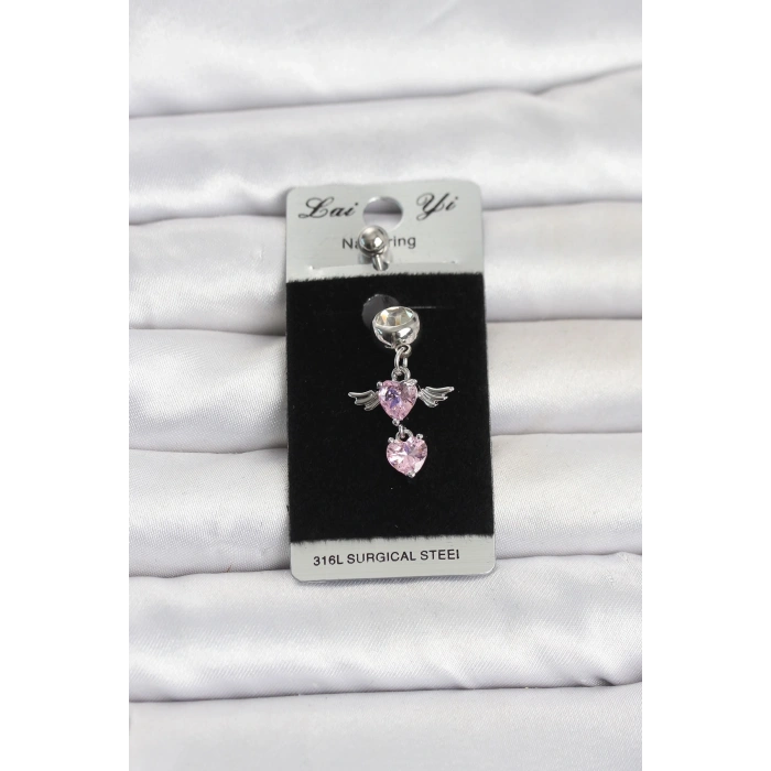 Mey İthalat® 316L Cerrahi Çelik Pembe Zirkon Taşlı Kanat Model Göbek Piercing