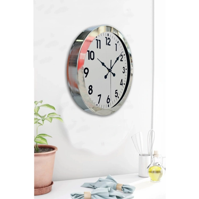 Mey İthalat® 36 cm Krom Metal Standart Duvar Saati