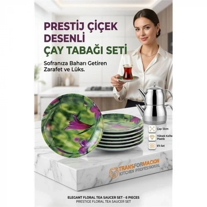 Mey İthalat® 6lı Çiçek Desenli Kırılmaz Çay Tabağı Seti | Lüks Plastik Sunum Tabağı 723189