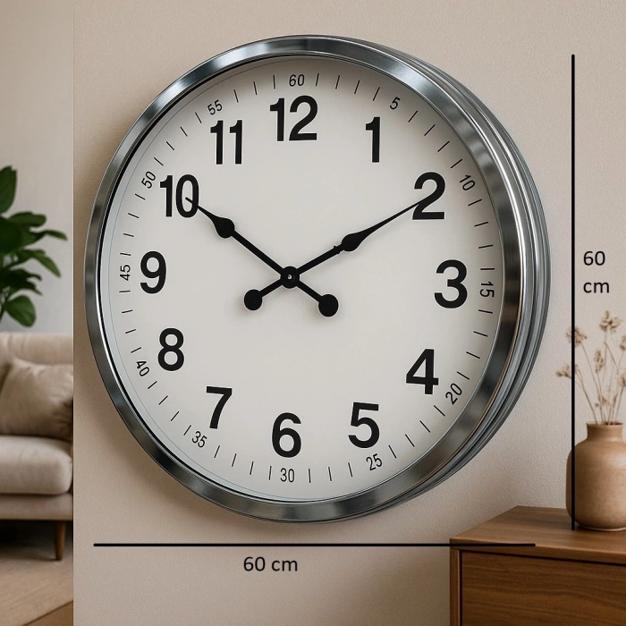 Mey İthalat® 60 cm Krom Metal Dekoratif Duvar Saati