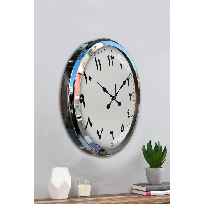 Mey İthalat® Arapça Rakamlı Krom 52 Cm Metal Duvar Saati