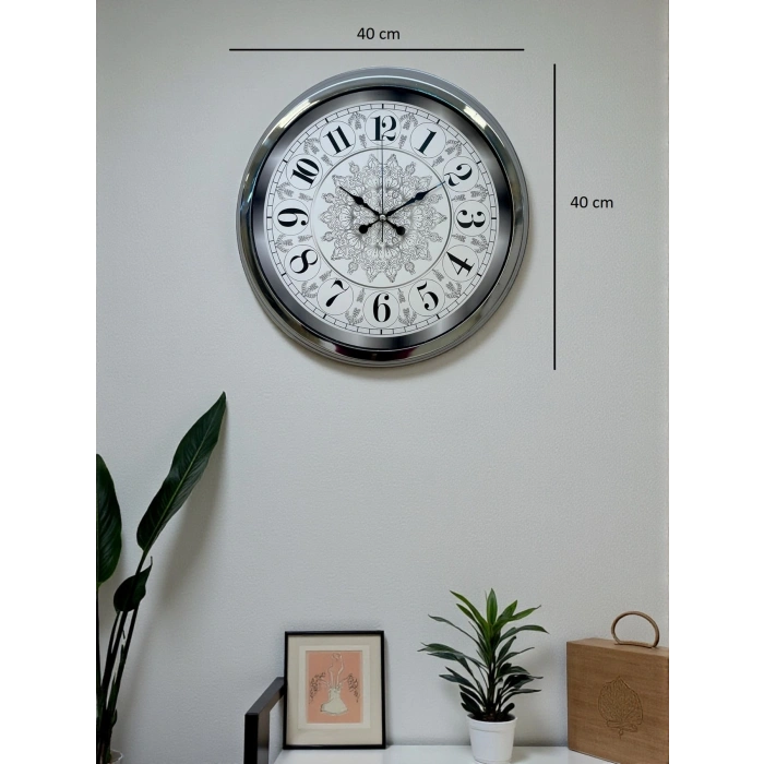 Mey İthalat® Asil Motif Krom 40 Cm Metal Duvar Saati