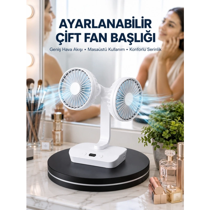 Mey İthalat® Ayarlanabilir Hızlı Çift Başlıklı Masaüstü Fan – Gece Lambalı Serinletici