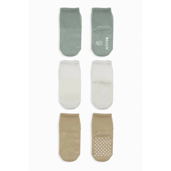 Mey İthalat®   Basic Kaymaz Penye Soket Çorap 3Lü BS10107 Nil Ekru Bej