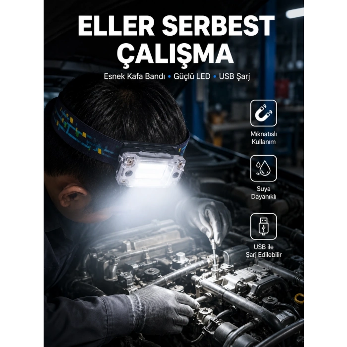Mey İthalat® Beyaz Led Işık Sensörlü Kafa Lambası Lityum Batarya Led El Fenerli Şarjlı