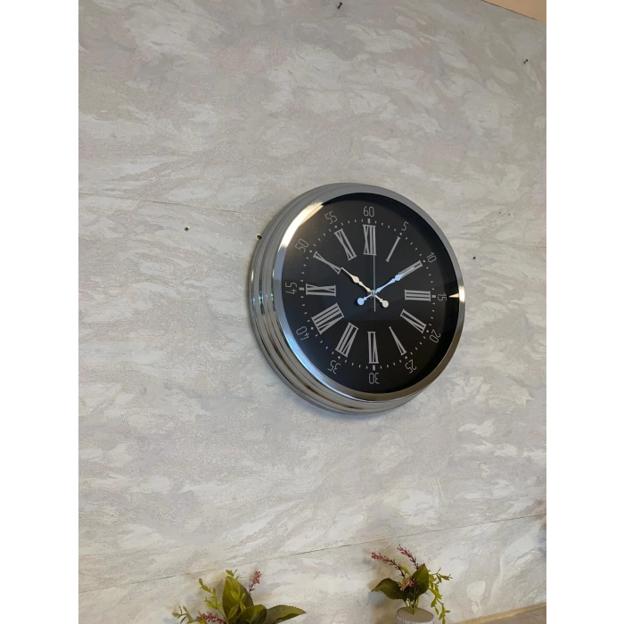 Mey İthalat® Dark Elegance 40 Cm Metal Krom Duvar Saati