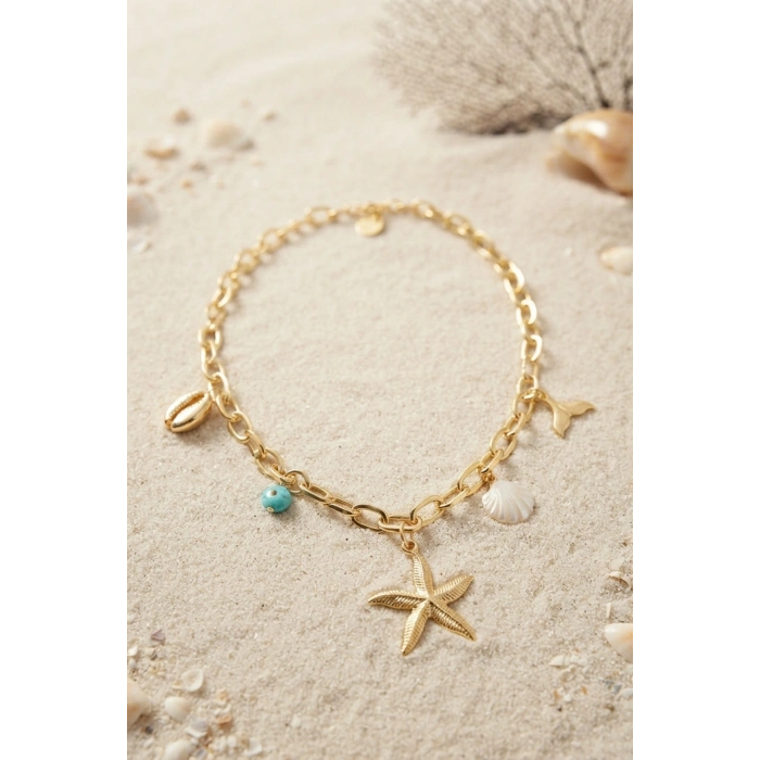 Mey İthalat® Deniz Yıldızı Charm Detaylı Gold Renk Zincir Kolye