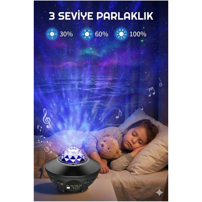 Mey İthalat® Galaksi Yıldız Projektörü ve Bluetooth Hoparlör 10 Renk Modlu Okyanus Dalgalı Gece & Disko ası